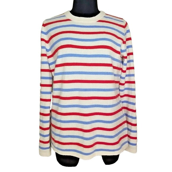 Madeleine Thompson Womens Cashmere  Stripe Sweater Red Blue White  Medium    A-1 - Picture 1 of 7